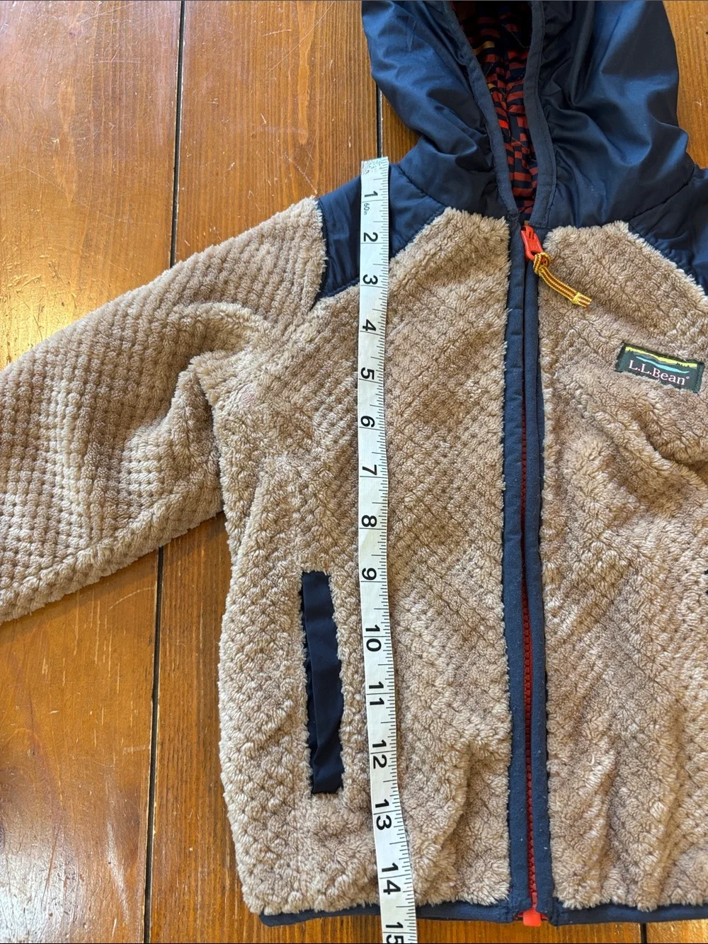 L.L. Bean Reversible Tan Sherpa Jacket /Navy Hood & Trim Boys Size Boys 12-18 M